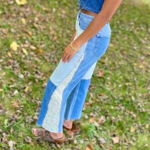Upcycled Hollister Blue and Patterned Wide Leg Jeans